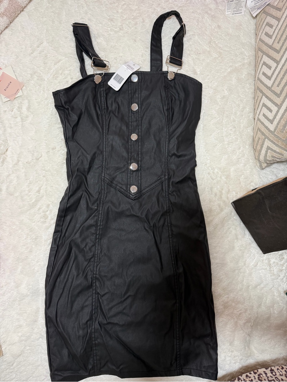 bebe Black Faux Leather Mini Dress with Button Front